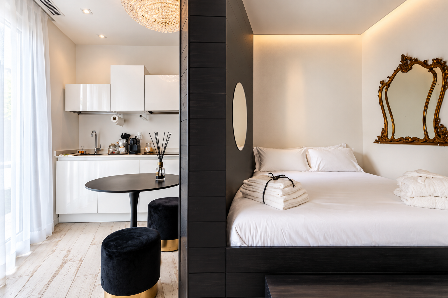 Appartamento di Villa Monti: zona notte con letto matrimoniale, specchio dorato e angolo cottura completamente attrezzato